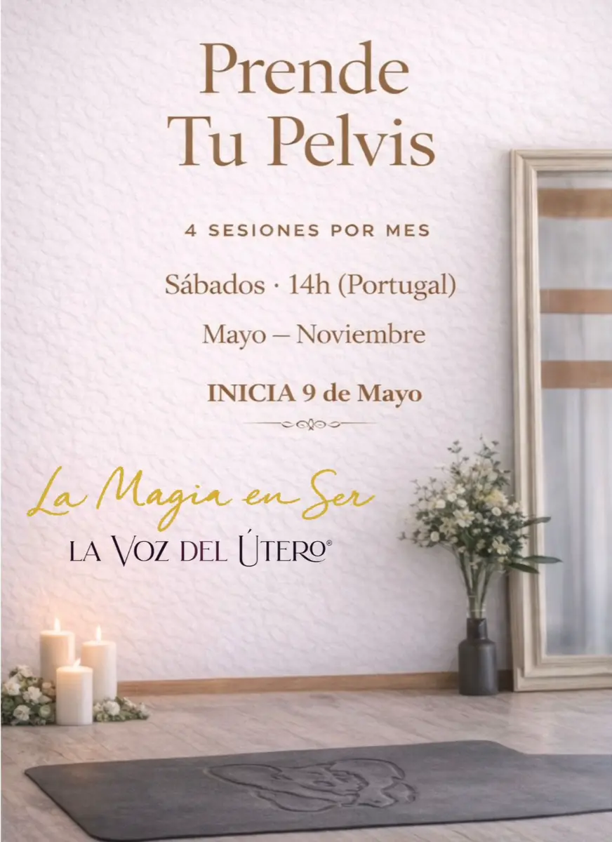 Estudio de yoga con esterilla, velas y flores. El texto promociona la clase de bienestar pélvico de Clara Davaar en Portugal, que se celebra los sábados a las 14:00 de mayo a noviembre, a partir del 9 de mayo.