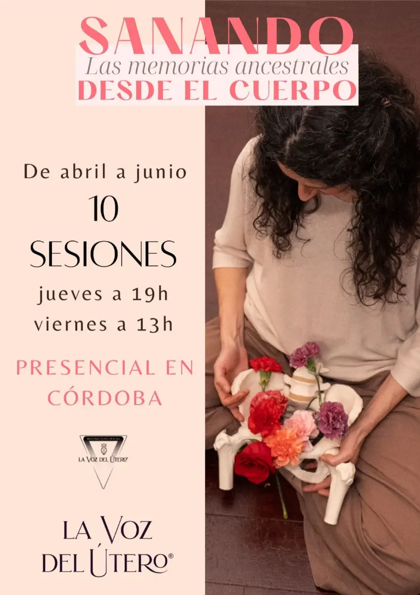 Una persona sostiene un modelo pélvico pintado y decorado con flores. Texto promociona el evento de bienestar de Clara Davaar con sesiones presenciales en Córdoba de abril a junio.